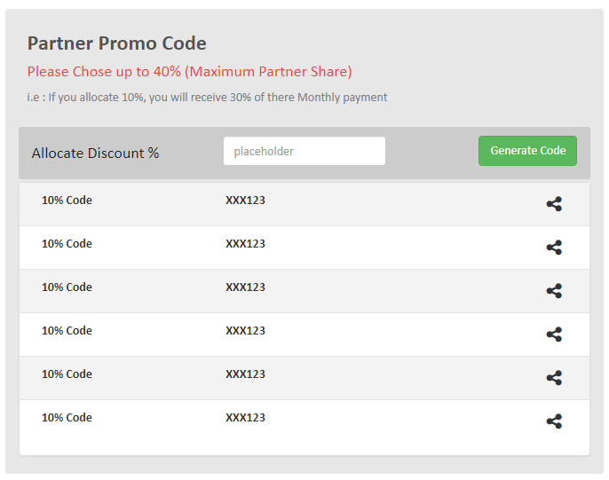 partner promo code Interface